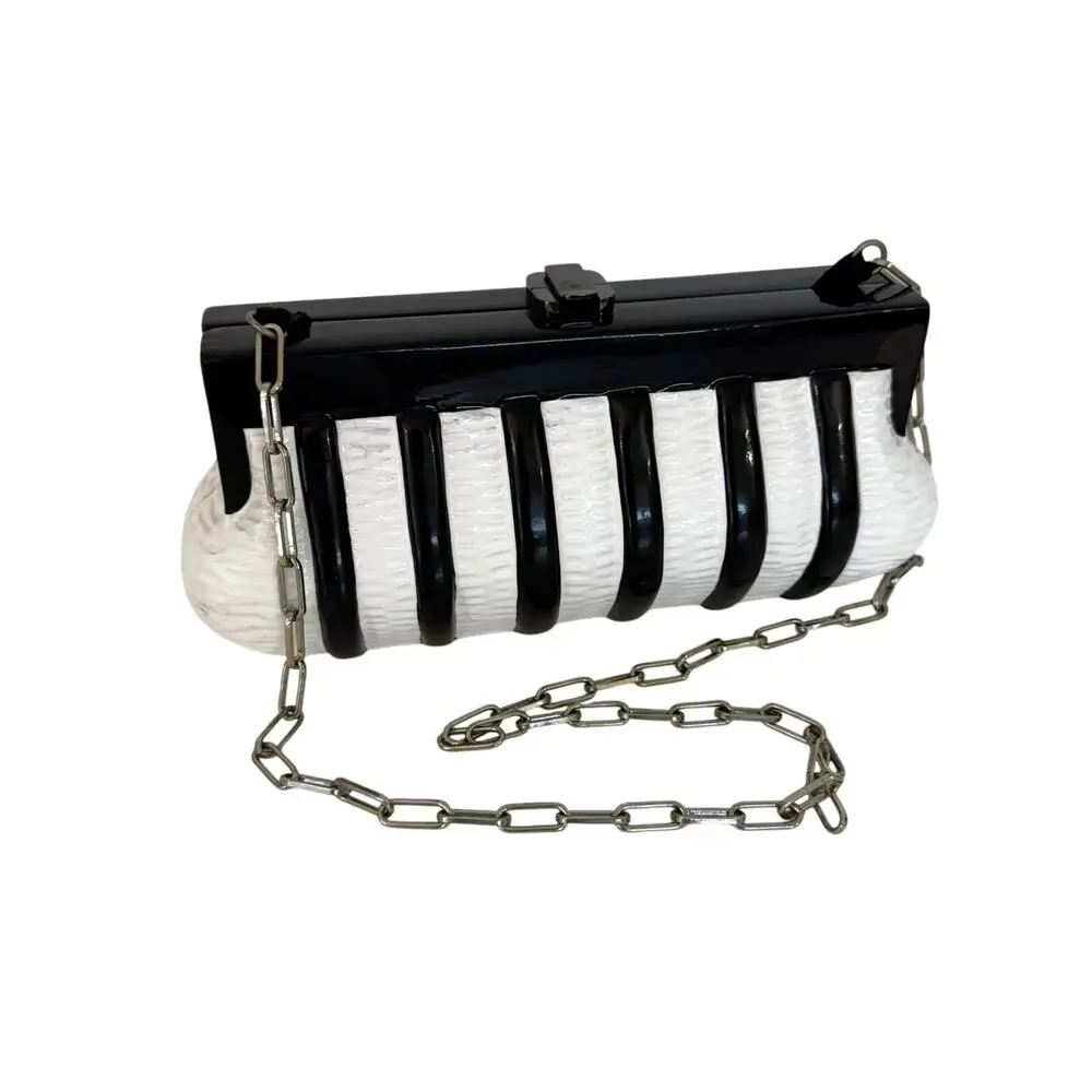 Timmy Woods Piano Wood Clutch Minaudiere Bag Black/White Striped Rare Musical